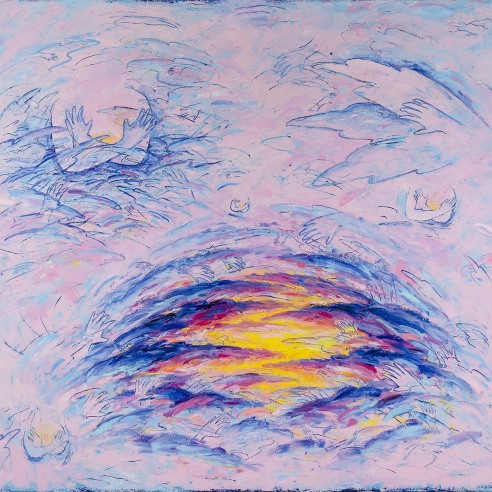 a bright yellow and blue sunset sits in a lushly-painted pink background with enfolded hands and arms hidden in the clouds