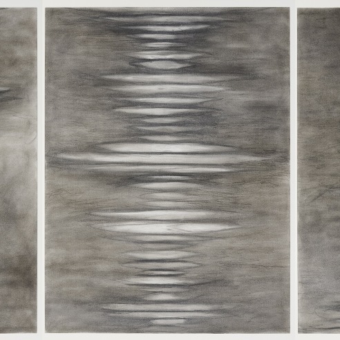 a suite of five abstract drawings by Elizabeth Turk of white discs layered on top of each other
