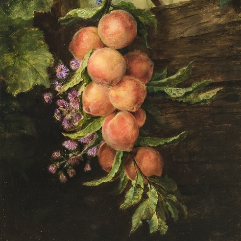 LILLY MARTIN SPENCER (1822–1902), "Still Life with Peaches," 1891. Oil on canvas, 28 1/4 x 18 in. (detail).