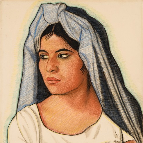 Winold Reiss (1886–1953), "Mexican Girl," 1920. Conté crayon and colored pencil on paper, 19 7/8 x 14 7/8 in. (detail).