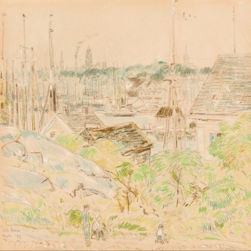 CHILDE HASSAM (1859–1935), "Harbor of a Thousand Masts," 1919. Pencil, colored pencil, and watercolor on paper, 9 3/4 x 10 in. (detail).
