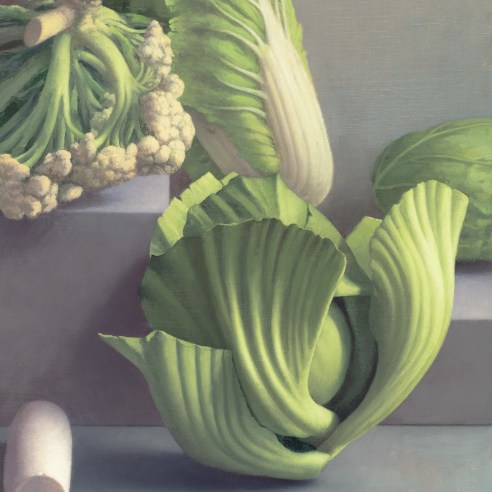 a still-life painting by Amy Weiskopf of green cabbages with cauliflower, arranged on gray blocks of different heights