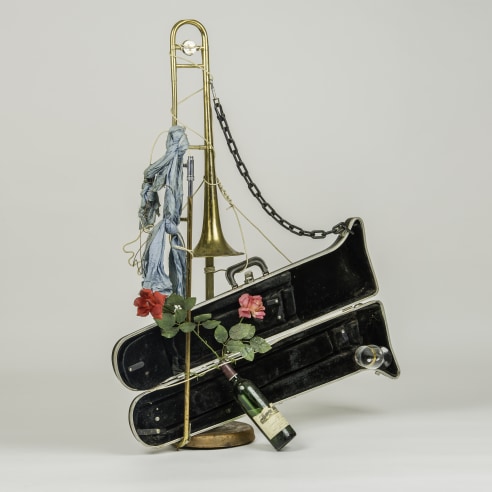 Lonnie Holley (b. 1950), "Untitled (Horn & Wine Bottle), Floor Piece," c. 2002–03. Mixed media assemblage, 49 1/2 in. high x 38 1/2 in. wide x 14 1/2 in. deep 