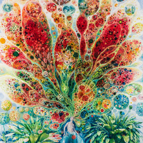 a painting by Julie Heffernan of a woman sitting in a lushly green flower bed, with a yellow and red abstract expressionist paint-spills coming from her head, each spill containing smaller pictures of the fall of man