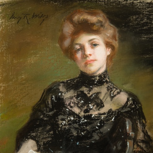 IRVING RAMSAY WILES (1861–1948), "A Woman Seated," c. 1900–10. Pastel on primed canvas, 15 x 11 3/4 in. (detail).