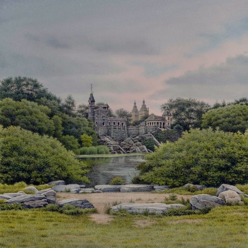 a watercolor painting by Frederick Brosen of Central Park's Belvedere Castle seen from across its neighboring pond