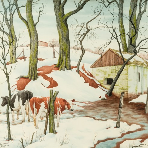 Z. VANESSA HELDER (1903–1968), Red Earth and Spotted Cows, about 1942. Watercolor on paper, 17 3/4 x 21 1/2 in. (detail).