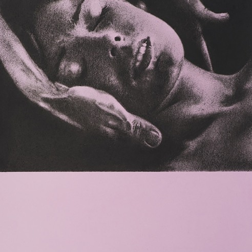 a drawing by Andy Mister of a woman getting a neck massage with a rectangular, blank field of light pink beneath the image