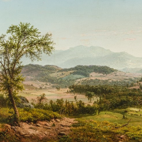 LOUIS REMY MIGNOT (1831–1870), "View of the Fishkill Mountains from Highland Grove," about 1855. Oil on canvas, 25 x 49 in. (detail).