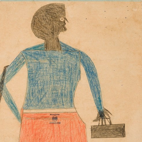 Bill Traylor (1854–1949), "Mother and Child," 1939. Pencil and colored pencil on cardboard, 15 1/2 x 11 3/4 in. (detail).