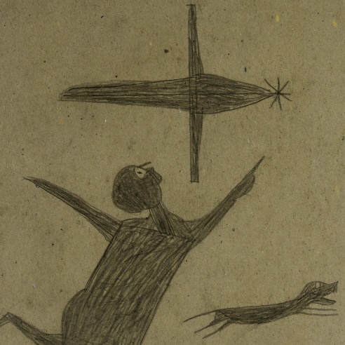 a drawing by self-taught artist Bill Traylor of a man pointing at an airplane, with a dog and another figure