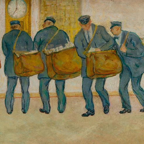 ARNOLD FRIEDMAN (1876–1946), "Leaving on Schedule," 1935. Oil on wood panel, 12 x 27 1/2 in. (detail).