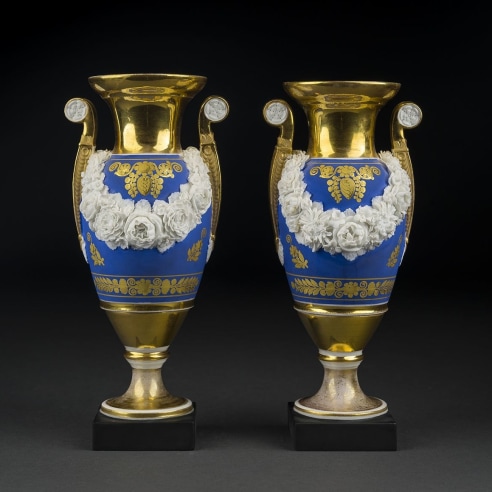 Pair “Old Paris” Vases with Garlands of Bisquit Flowers