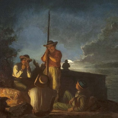 GEORGE CALEB BINGHAM (1811–1879), "Woodboatmen on a River [Western Boatmen Ashore by Night]," 1854. Oil on canvas, 29 x 36 in. (detail).