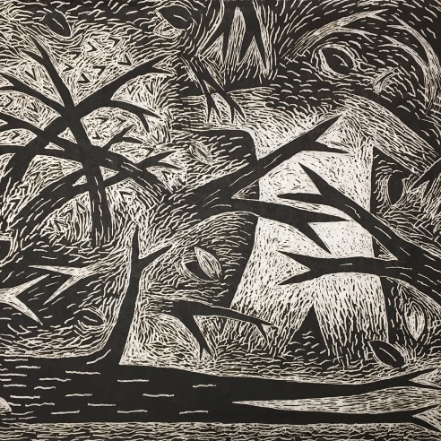 Image of Louisa Chase's Thicket (Black and White), created in 1983. Woodcut on Japanese fiber paper, 30 by 36 inches. 