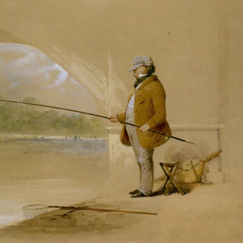 JOHN GADSBY CHAPMAN (1808–1889), "The Man Who Caught a Fish in the Serpentine, London," 1848. Watercolor, 8 13/16 x 12 13/16 in., on original mount, 11 x 16 1/2 in. (detail).