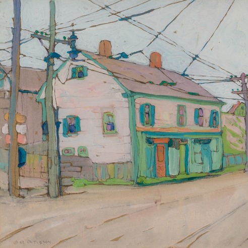 Jane Peterson (1876–1965), "A Street in Gloucester," c. 1916–20. Gouache on paper, 18 x 23 5/8 in. (detail).