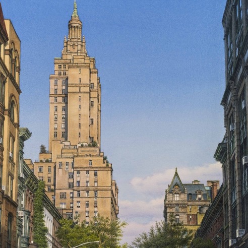 watercolor painting of bright sky and big buildings on West 74th Street in New York City