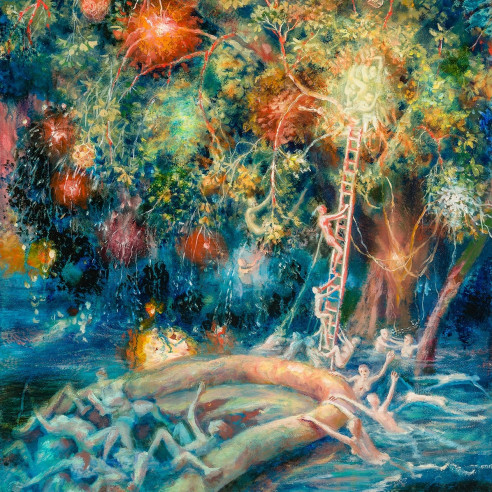 a painting by Julie Heffernan of a women clinging to a raft in a river by a tree as explosions or fireworks go off around them