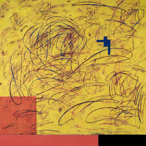a large abstract painting by Louisa Chase in yellow, red, black, and blue