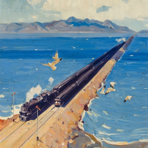 Maurice Logan (American, 1886–1977), “By Rail across Great Salt Lake, Overland Route,” 1928. Oil on canvas, 22 1/2 x 17 1/2 in. (detail).