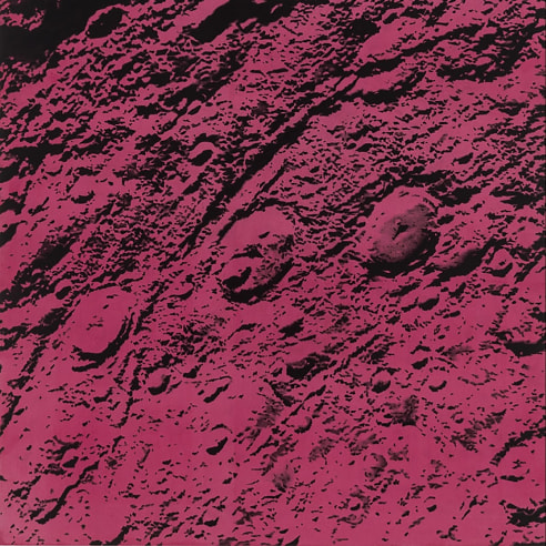 a drawing by Andy Mister of the surface of Mars on a deep red background