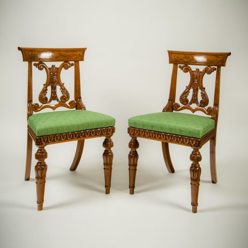  Pair Side Chairs with Lyre Backs, about 1825, Boston. Mahogany. Each, 34 in. high, 19 in. wide, 22 1/4 in. deep (overall)