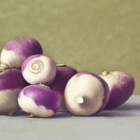 Image of Amy Weiskopf's Red Turnips on a Table, oil on canvas, 10 by 20 inches, painted in 2000. 