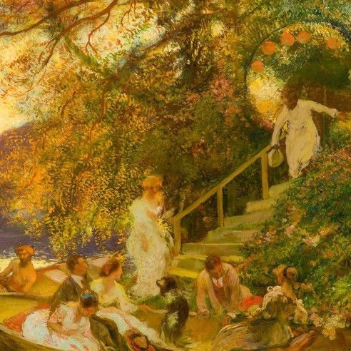 GASTON LA TOUCHE (1854–1913), "L’embarquement (The Embarkation)." Oil on wood panel, 26 1/2 x 31 3/4 in. (detail).