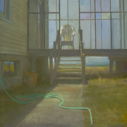 a painting by Randall Exon of a house's screened-in porch, showing a single white chair, and a teal garden hose in the foreground