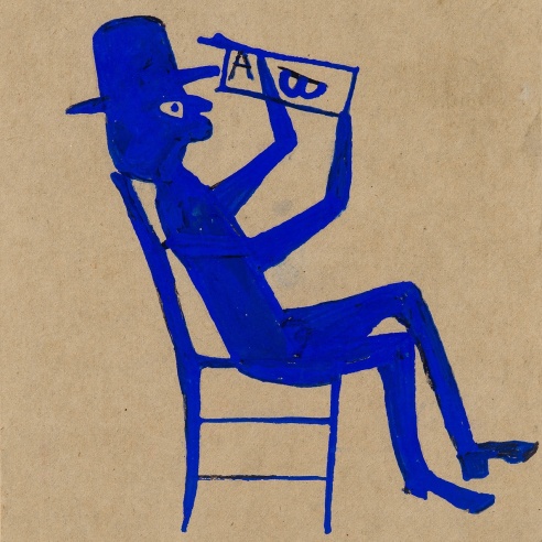 Bill Traylor (1854–1949), "Blue Man Reading," c. 1940. Pencil and poster paint on cardboard, 11 1/2 x 7 7/8 in. (detail).