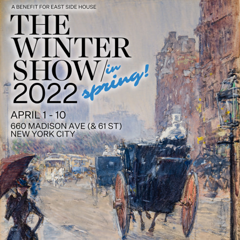 "The Winter Show 2022 in Spring" logo superimposed over a detail of CHILDE HASSAM (1859–1935), "New York Street Scene," 1892. Watercolor, gouache, and charcoal on paper, 15 x 10 1/4 in.