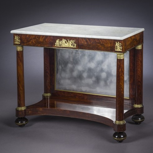 Pier Table, Boston, about 1815–20. Mahogany, partially ebonized, with gilt-bronze mounts, gilt-brass moldings, marble and mirror plate, 34 1/2 in. high, 41 5/16 in. wide, 21 in. deep