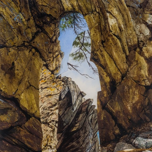 a watercolor painting by Colin Hunt of a silhouette's void in a landscape