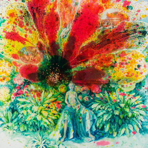 a painting by Julie Heffernan of a woman sitting in a lushly green flower bed, with a yellow and red abstract expressionist paint-spill dominating the background