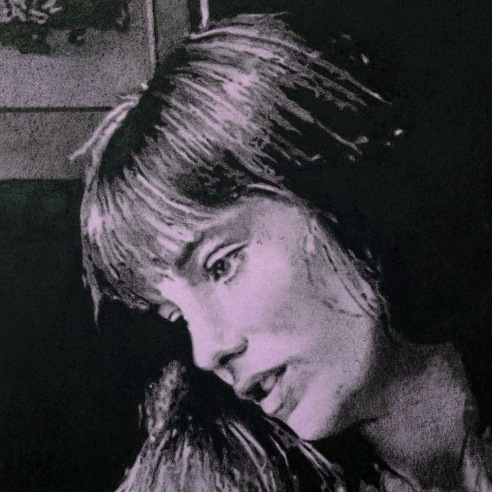 a drawing by Andy Mister of Jane Birkin's face on a lavender background