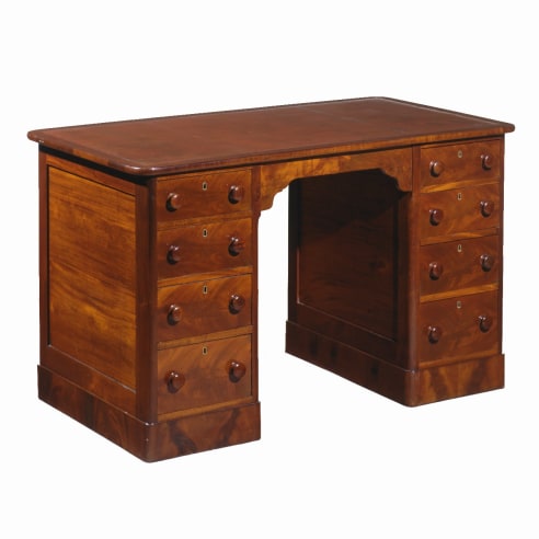 Pedestal Desk, about 1830. Stephen Smith & Co., Boston. Mahogany, with leather top, tooled 29 11/16 in. high, 48 1/4 in. wide, 28 1/4 in. deep.