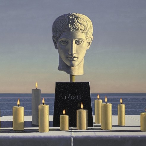 David Ligare (b. 1945), "Still Life with Polykleitian Head and Candles (Idea)," 2018. Oil on canvas, 42 x 54 in. (detail).