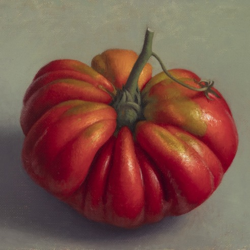 a still-life painting by Amy Weiskopf of a plump, red, highly segmented tomato