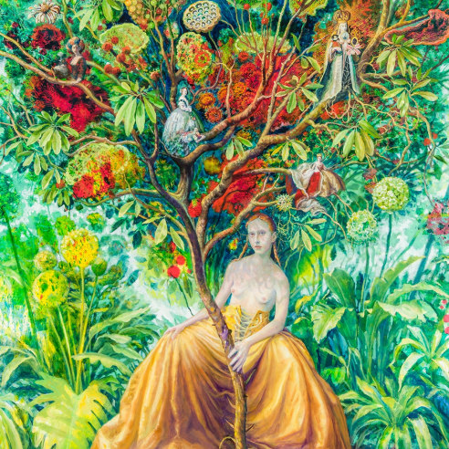 a painting by Julie Heffernan of a woman in a large gold skirt, straddling a tree trunk whose branches contain abstract flowers and different art historical depictions of women