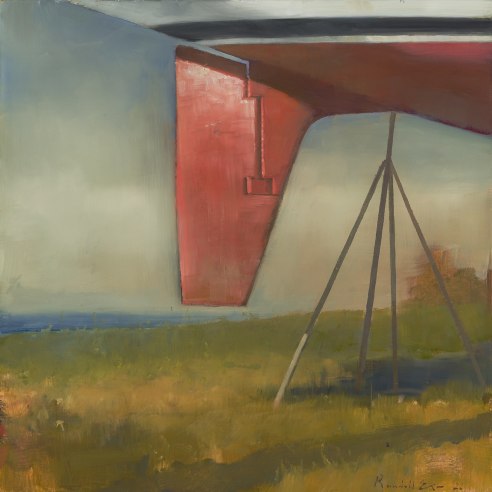 a painting by Randall Exon of a boat's red rudder, up on jacks, sitting in a field