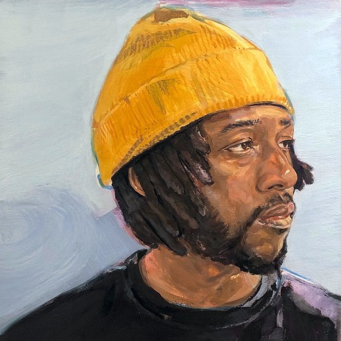 a portrait by James Everett Stanley of a dark-skinned man looking to the side wearing a "Nasty Nas" t-shirt