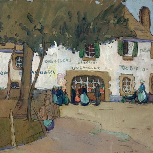 JANE PETERSON (1876–1965), "Old Inn, Britanny," c. 1910. Watercolor and gouache on paper, 18 x 24 in. (detail).
