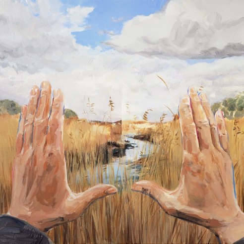 a painting by James Everett Stanley of a two hands framing a marshy landscape