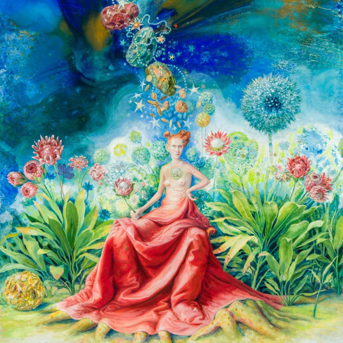 a painting by Julie Heffernan of a woman sitting in a lushly green flower bed, with gems and coins and stars floating over her head