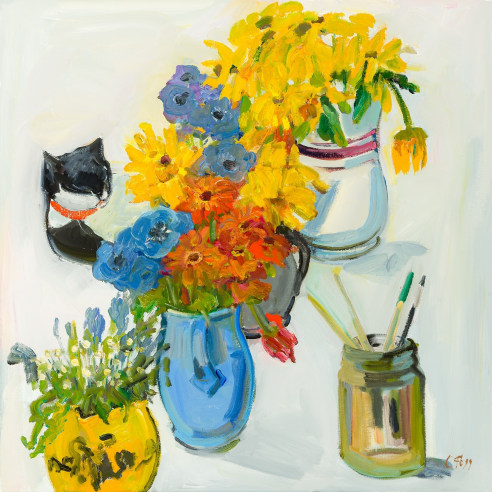 Cornelia Foss (b. 1931), "Brushes, Flowers, and Max," 2019. Oil on canvas, 29 3/4 x 29 3/4 in.