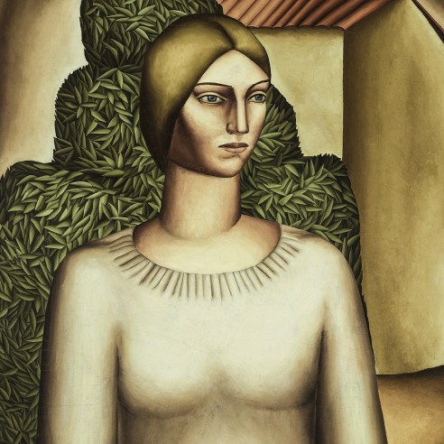EVERETT GEE JACKSON (1900–1995), "Girl with Acacia Tree," 1931. Oil on canvas, 27 x 23 in. (detail).