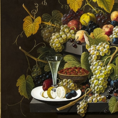 SEVERIN ROESEN (1816–1872), "Two-Tiered Still Life of Fruit." Oil on canvas, 30 x 40 in. (detail).