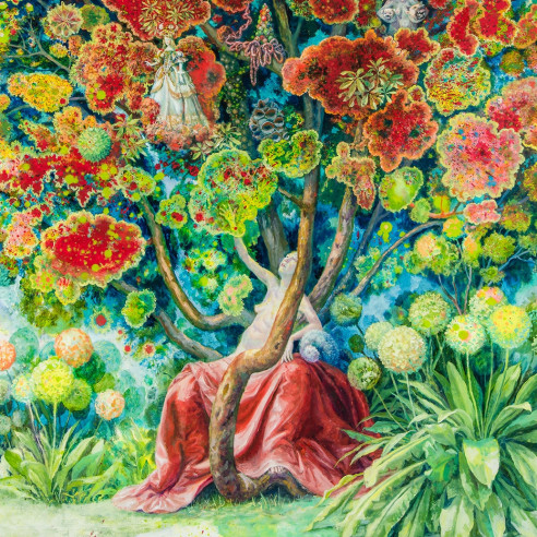 a painting by Julie Heffernan of a woman in a large red skirt, sitting in a tree trunk whose branches contain abstract flowers and scenes from art historical paintings