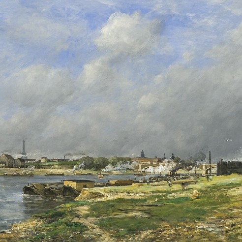 ANTOINE GUILLEMET (French, 1843–1918), "Paris: La Seine à Conflans-Charenton," 1891. Oil on canvas, 51 1/4 x 78 3/4 in. (detail).